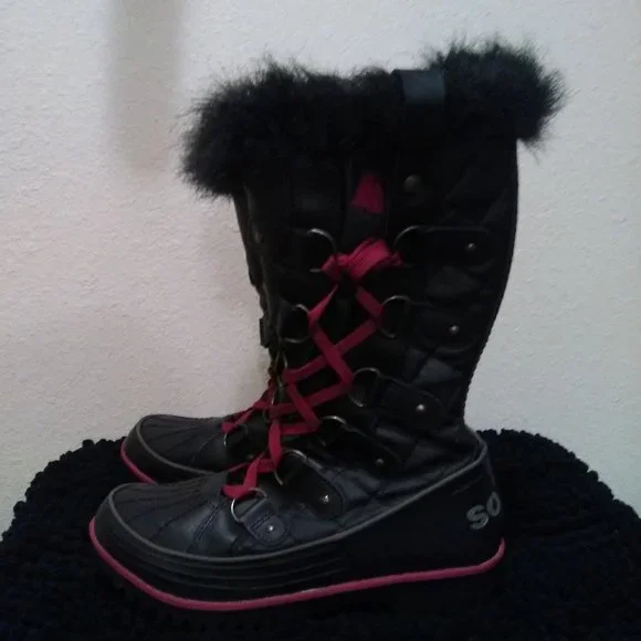 Sorel Black Winter Faux Fur Side Twist Lace-up Boots Size 7 - Picture 2 of 12